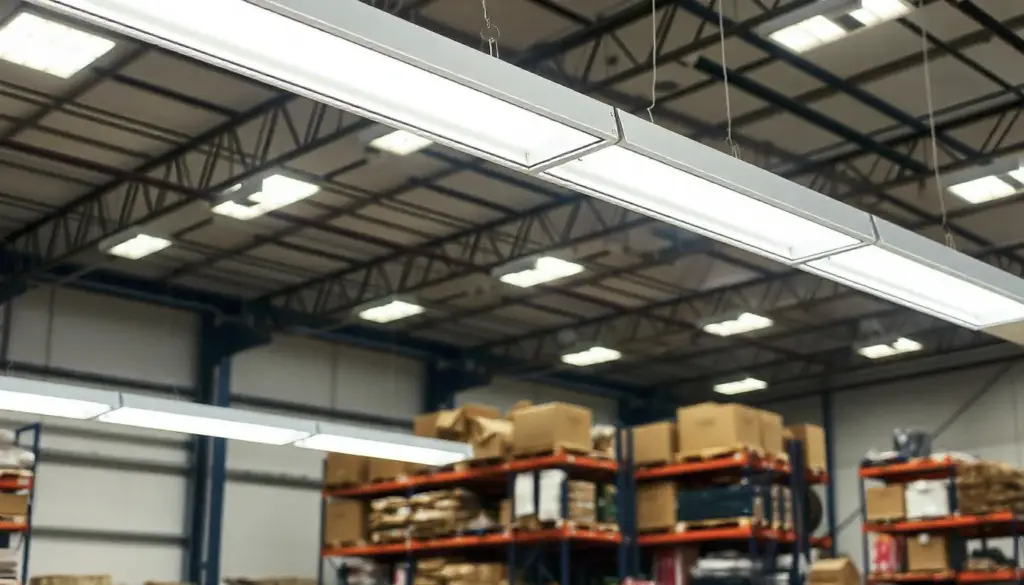 Suspended LED linear high bay lighting illuminating a commercial warehouse with pallet racking