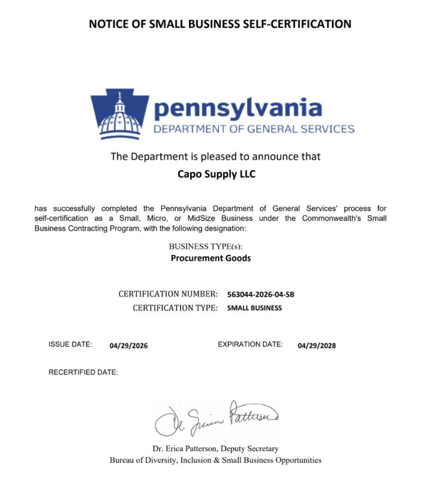 CAPO Supply LLC Pennsylvania DGS Small Business Self-Certification for procurement goods, valid through April 29, 2028.