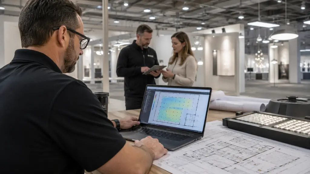 Lighting professional reviewing a photometric layout and architectural plans for a commercial lighting project.
