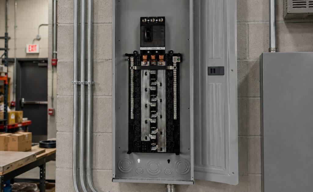 Open commercial electrical panel with conduit installed on a concrete block wall