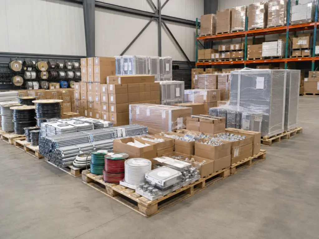 Complete electrical material package staged on pallets in a warehouse with conduit, wire, fittings, boxes, and electrical equipment.