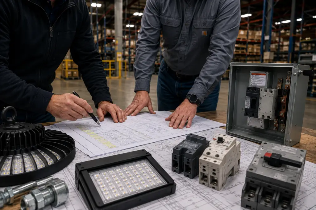 Electrical professionals reviewing project plans, lighting fixtures, circuit breakers, and panel components in an industrial warehouse.