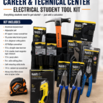 Electrical student tool kit for Lawrence County Career & Technical Center featuring Klein Tools, including a tool pouch and belt, hammer, screwdrivers, pliers, wire stripper, utility knife, torpedo level, and 16-foot tape measure.