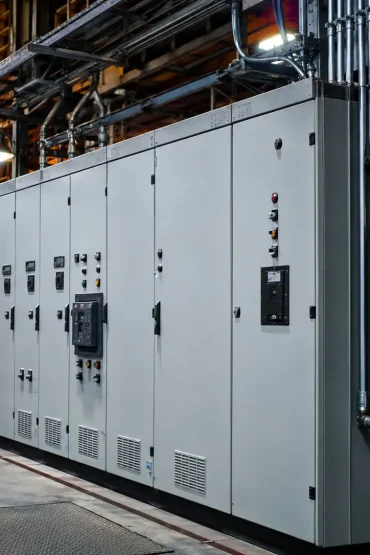 Industrial switchgear and electrical distribution panels installed inside a steel mill.